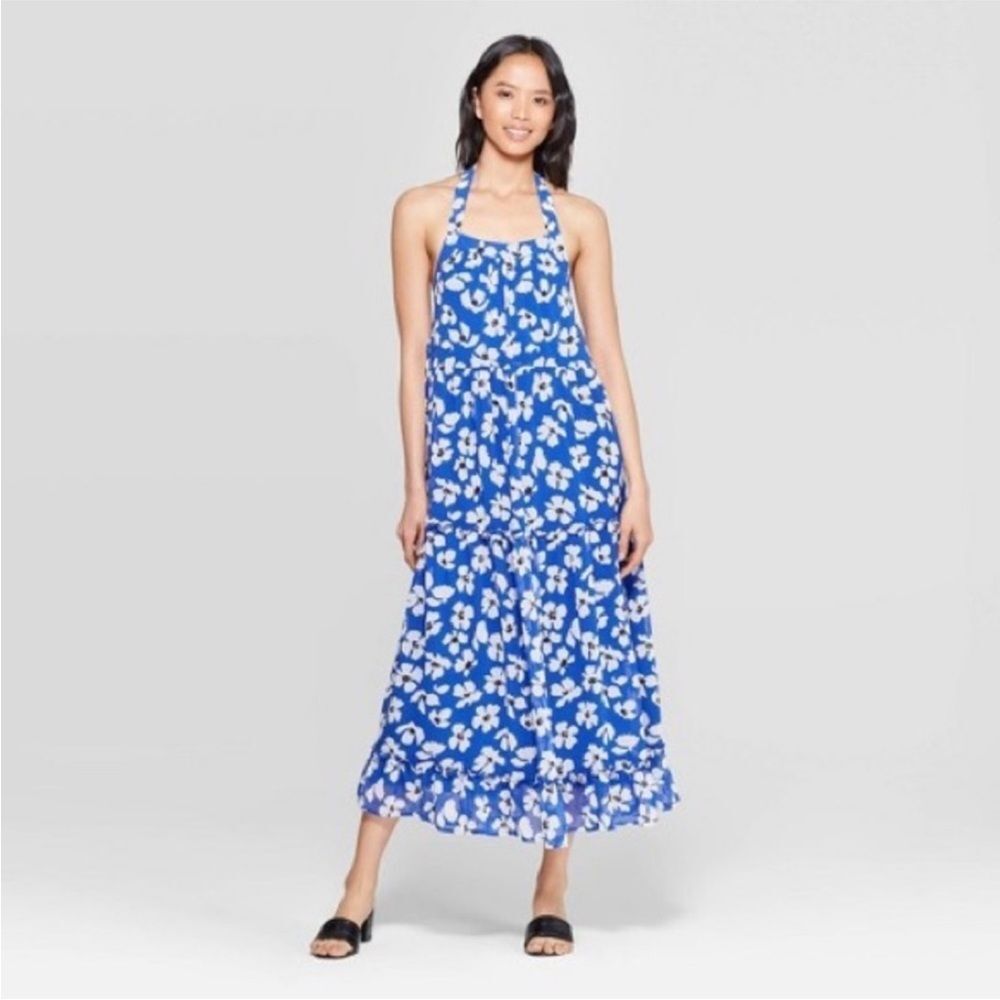 Who What Wear Halter Maxi Dress in Blue & White Floral - Size S